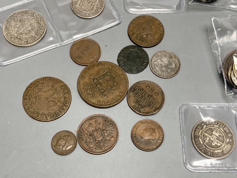 Russia, Catherine the Great, five Kopeks x 2, 1790 and 1791 VF, two 1797 cartwheel twopence coins and a collection of World coinage